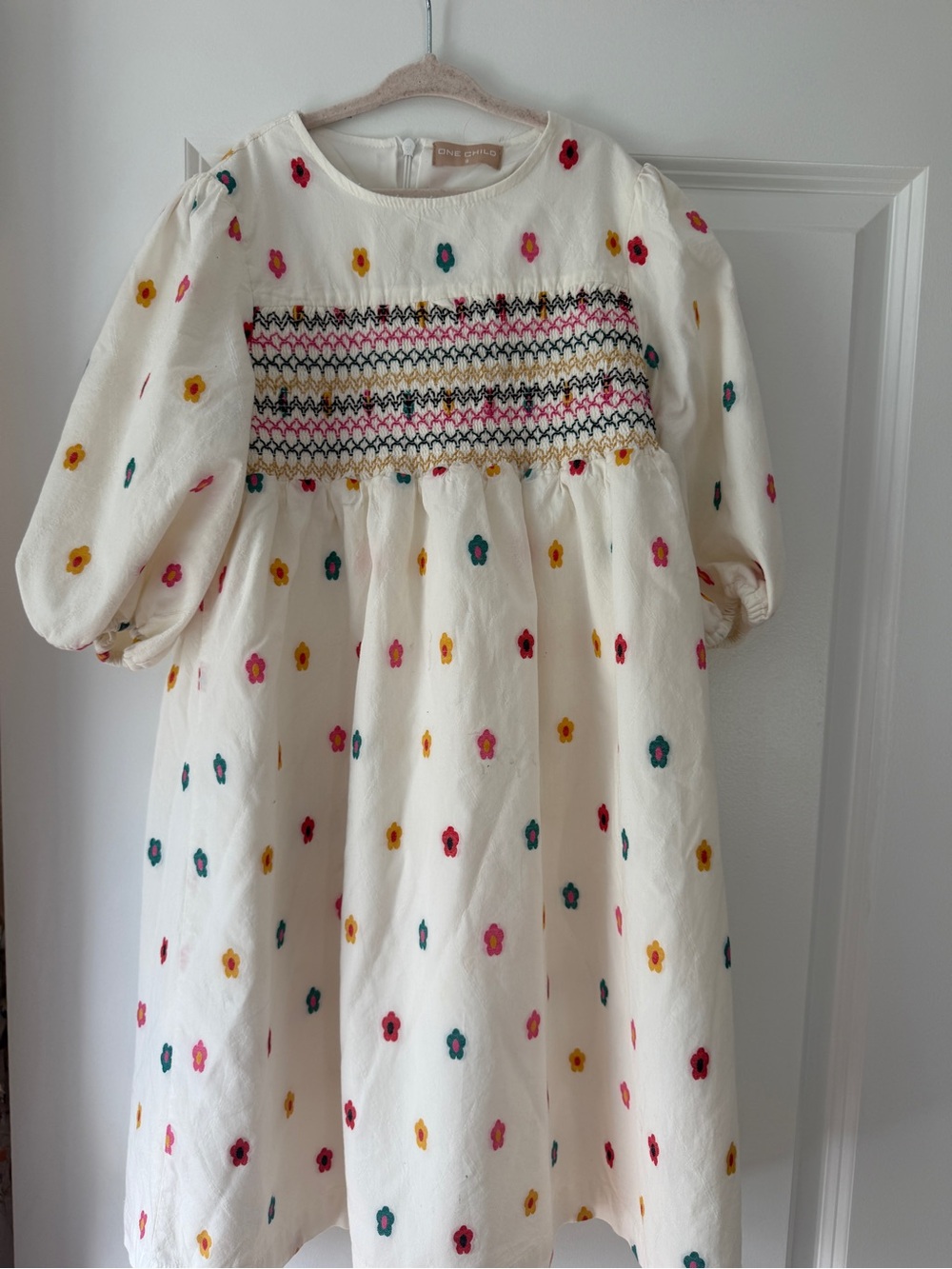 Embroidered Cream Smocked Kids Dress with Floral Accents
